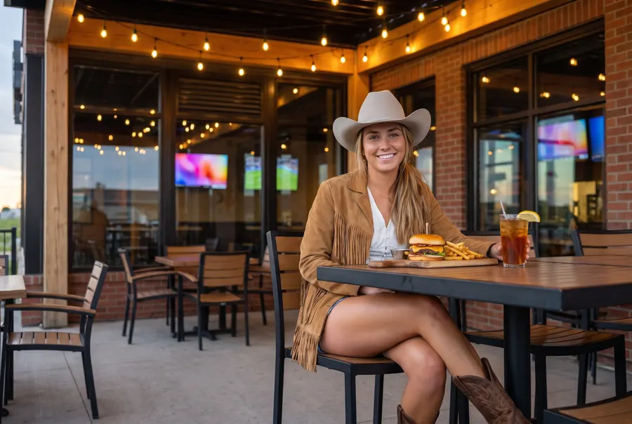 The young woman in the cowboy hat sits at a pub patio table under string lights with a burger, fries and a glass of iced tea